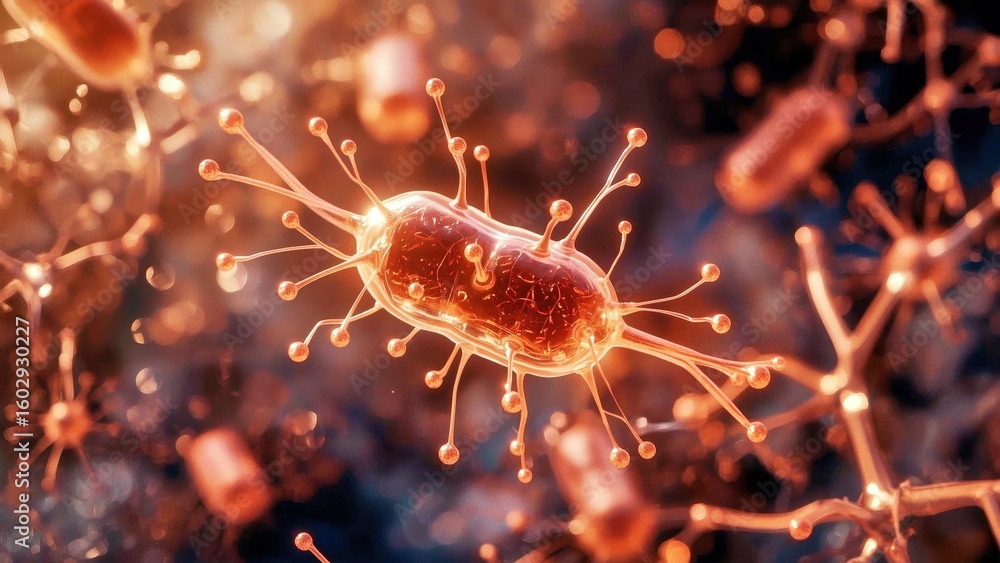 Poster bacillus coagulans. close-up of orange bacteria with detailed surface structures floating in dark mi