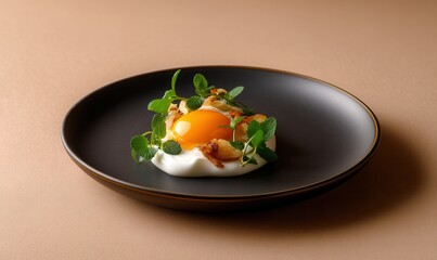 Egg yolk drop with potato foam and crispy shallots presented on charcoal plate