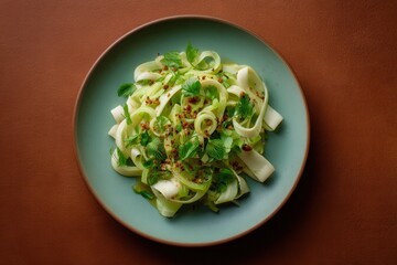 Raw kohlrabi ribbons with elderflower vinegar on pale turquoise plate against matte ochre backdrop