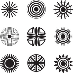 Collection of nine diverse black and white geometric circular tribal sun symbols
