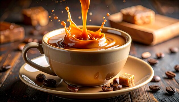 Golden caramel dives into coffee, frozen in mid-splash with hypnotic swirls. A caffeinated foodgasm of motion, sweetness, and depth.