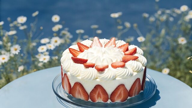Delectable strawberry cake adorned with whipped cream, sits on a table outdoors, near blooming daisies. - Powered by Adobe