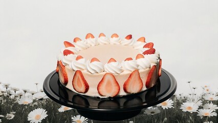 A strawberry cake decorated with cream and fresh strawberries sits on a black plate, surrounded by white flowers.