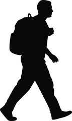 Silhouette of man walking with backpack on white background, isolated traveler figure, minimalist design, black and white vector art
