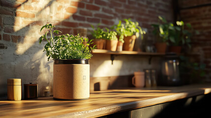 Sunlit kitchen herb garden with basil and rustic brick interiors