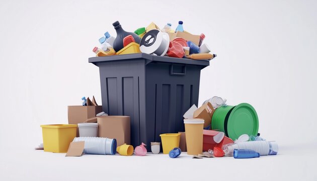 Heap Of Mixed Rubbish: Trash Can And Dumpster Container For Unsorted Organic, Paper, Plastic, Glass, And Metal Waste In A Household.