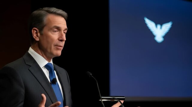 Press conference announces speech event. Man suit delivers professional speech with microphone formal business event announcement presentation featuring eagle logo and serious engaging atmosphere