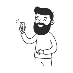 Cartoon young male figure taking selfie with smartphone and smiling – stock vector icon in line style