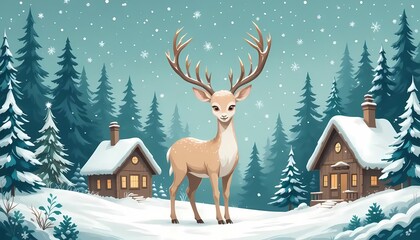Whimsical winter landscape with a beautiful deer standing in a snowy forest, surrounded by cozy wooden houses wirh snow covered roofs and warm chimeys, snowflakes falling gently, virtual backgrounds