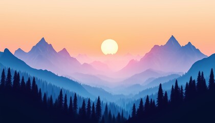 Stunning Panoramic Mountain Landscape At Sunrise With Silhouettes Of High Mountains And Pine Forests Against Sun. Ideal For Printing.