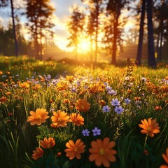 Obraz premium Meadow with Orange and Purple Flowers, Lush Green Grass, and Sunlight Streaming Through Trees