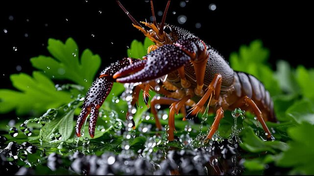 Crawfish exploring a colorful green environment with vibrant water droplets at night