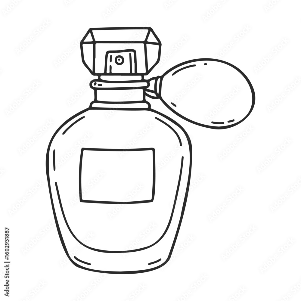 Poster retro perfume bottle sketch with atomizer in black and white outline – stock vector icon in line sty