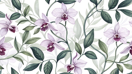 Seamless pattern of Ghost Orchid Flower and fresh green leaves. Simple style. Purple tone. High resolution. For printing on fabric or wallpaper.