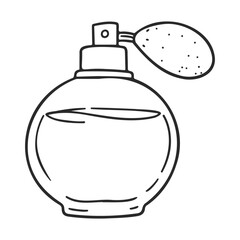 Obraz premium Hand-drawn vintage perfume bottle with atomizer and elegant design – stock vector icon in line style