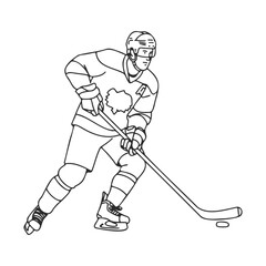 Obraz premium Male caucasian adult hockey player in action outline drawing – stock vector icon in line style