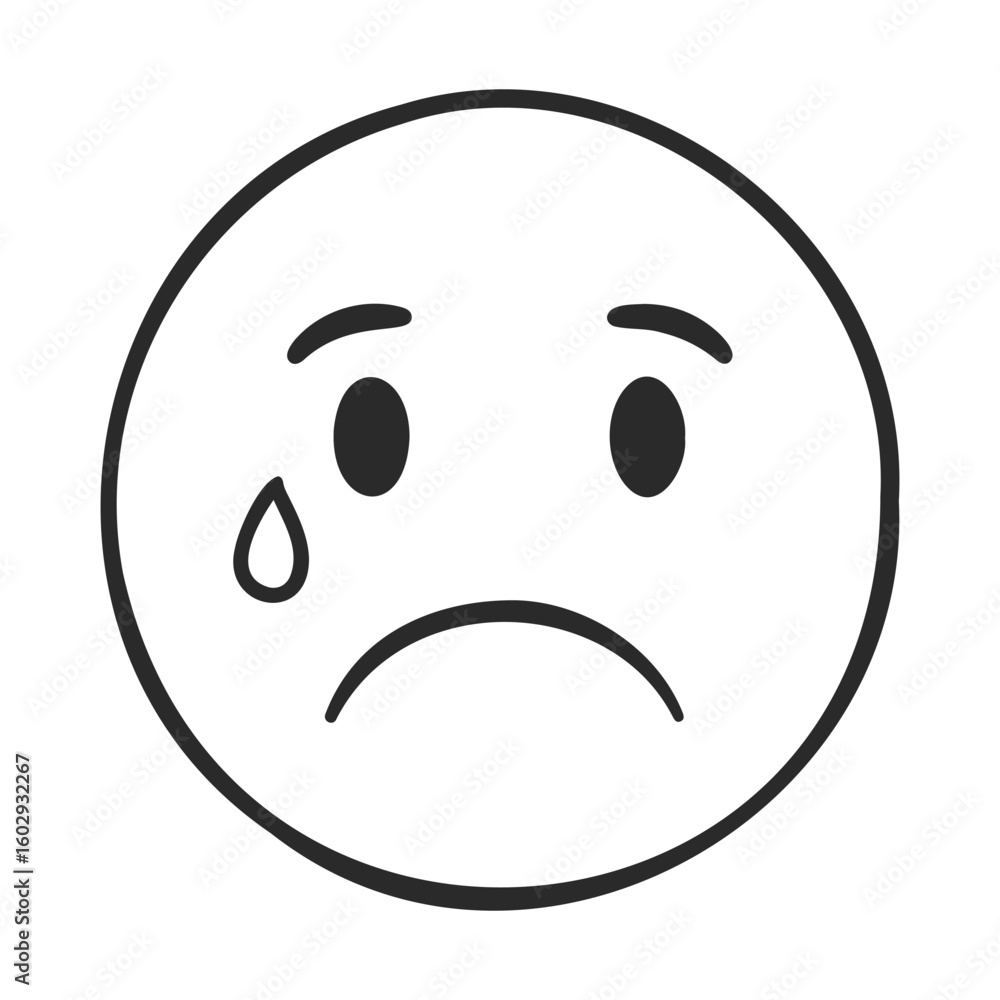 Poster sad face emoji with tear and frown expression on white background – stock vector icon in line style