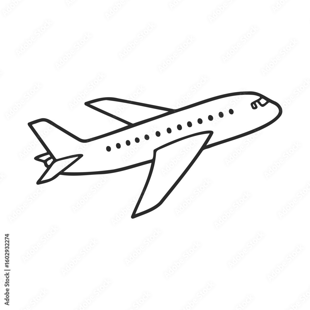 Poster outline drawing of a passenger airplane in flight on a white background – stock vector icon in line 