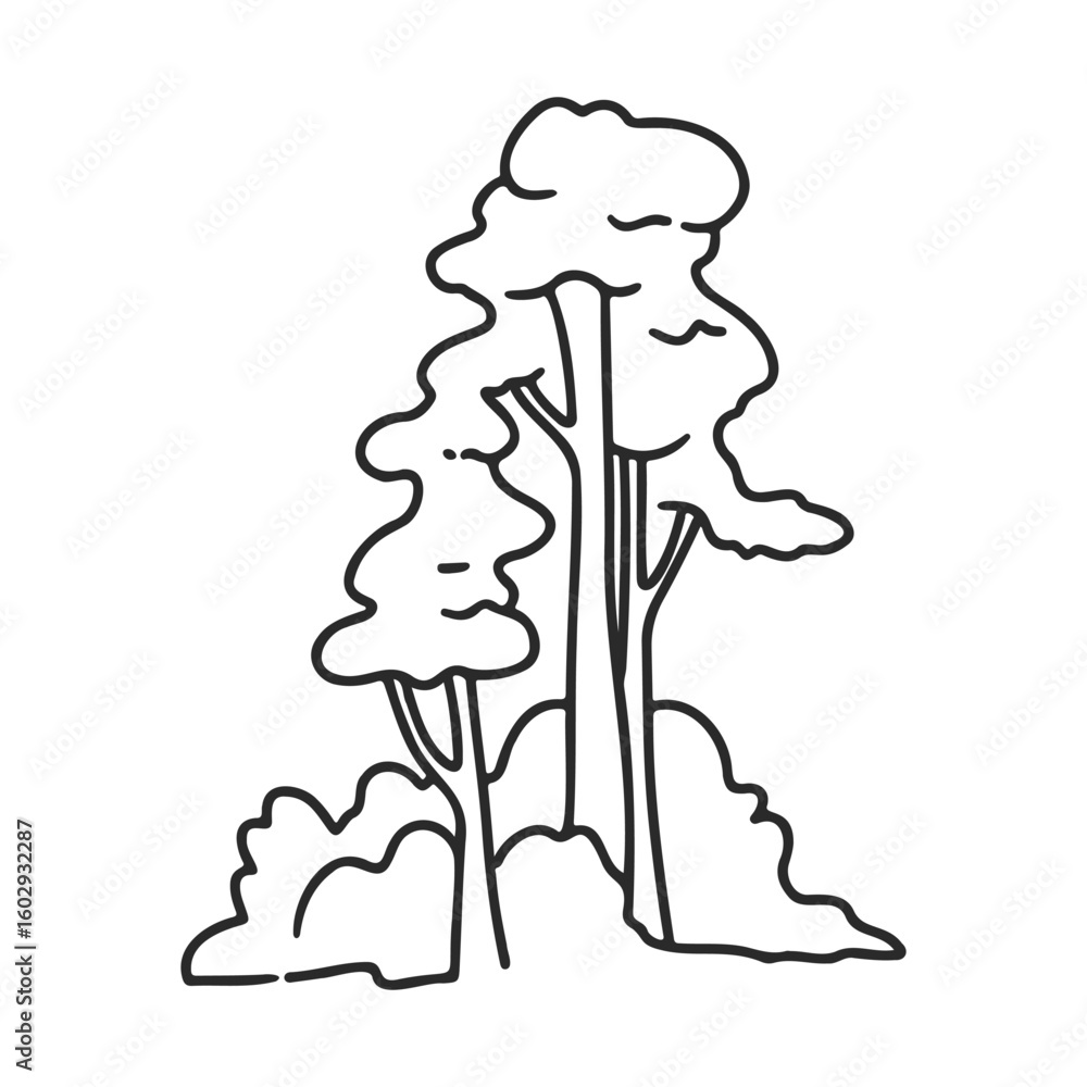 Poster simplistic black and white line drawing of tall trees and shrubs – stock vector icon in line style