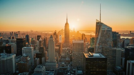 8K Resolution. New York City skyline sunset skyscrapers urban landscap