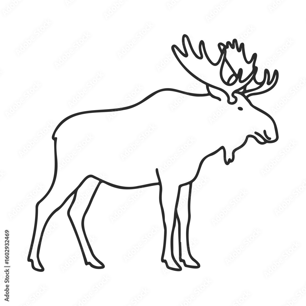 Poster outline of standing moose with large antlers and simplified details – stock vector icon in line styl