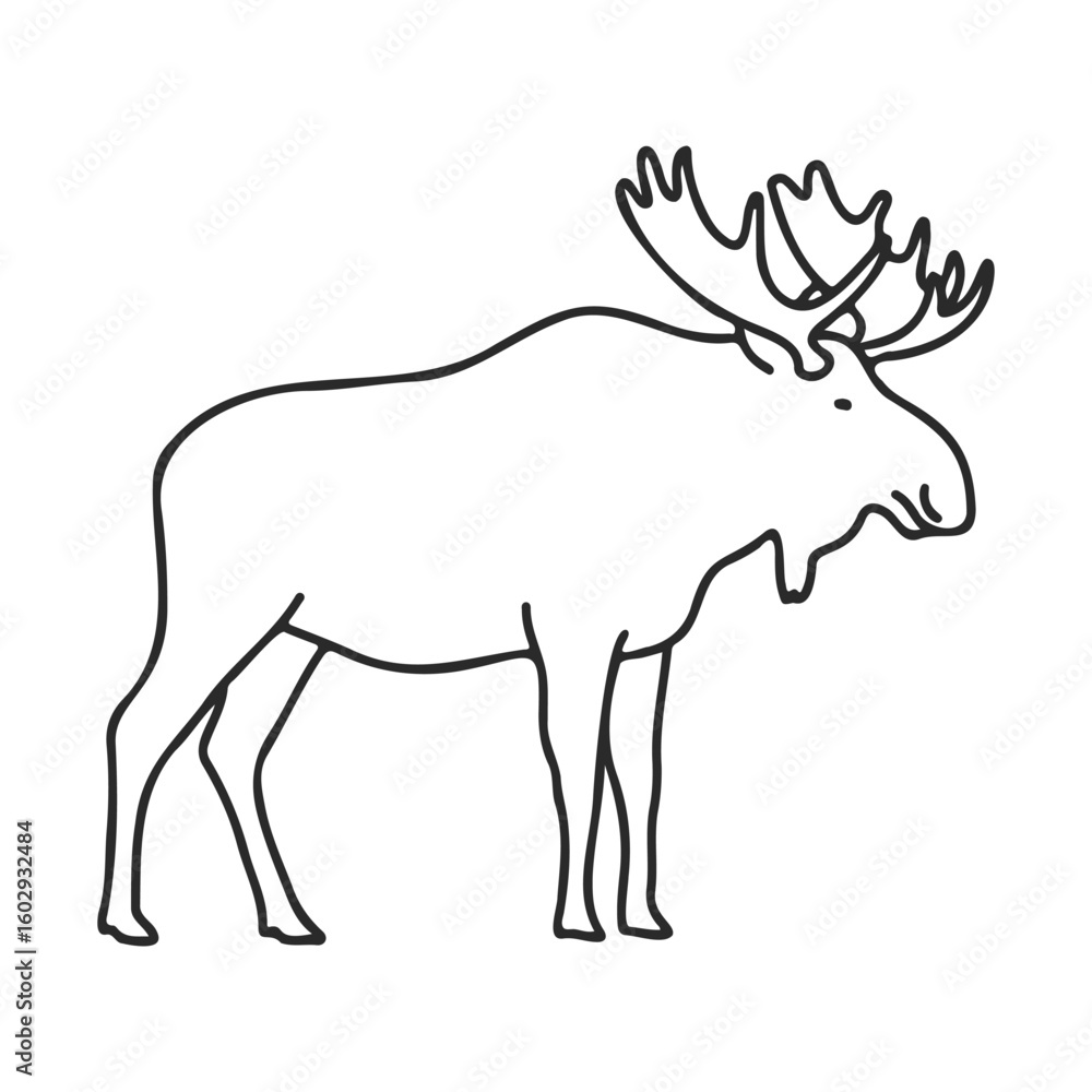 Poster outline of majestic moose with large antlers in simple black and white line art – stock vector icon 