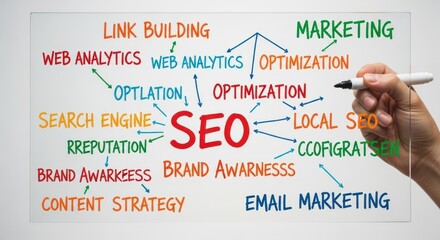Hand drawing a SEO strategy diagram on a whiteboard.