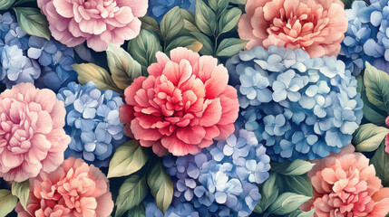 Vibrant Pink and Blue Peonies and Hydrangeas Watercolor Floral Illustration