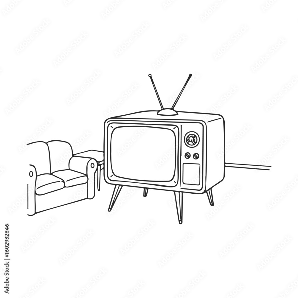 Poster retro television and couch illustration in simple line art style – stock vector icon in line style