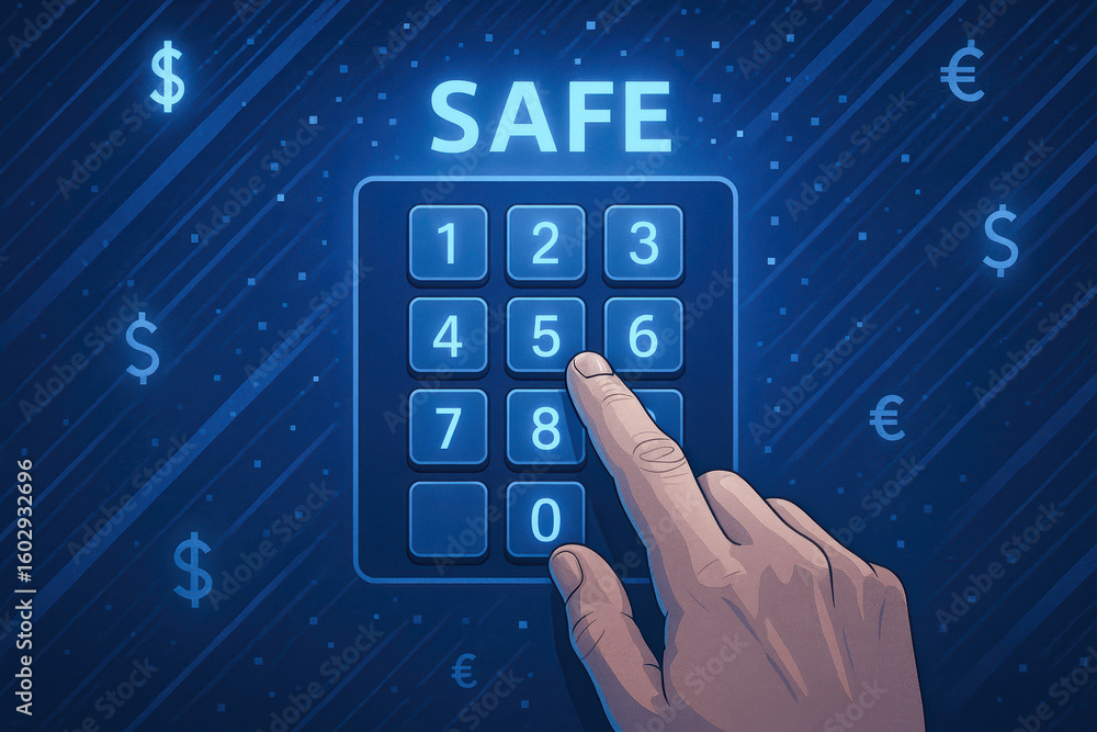 Poster secure access enhances protection as fingers enter pin codes on virtual keypads with financial symbo