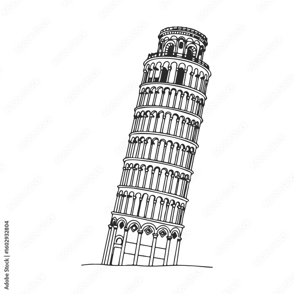 Poster black and white line drawing of the leaning tower of pisa with detailed architectural elements – sto