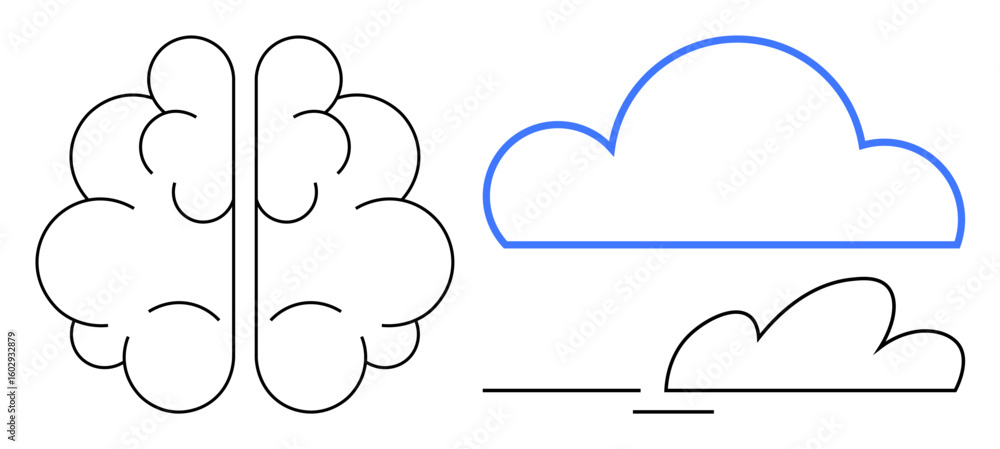 Poster brain with split hemispheres and stylized clouds suggest mental processes, innovation, and cloud com