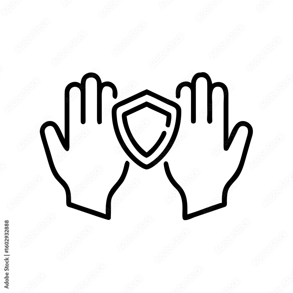Poster hands holding shield icon in minimal line art style
