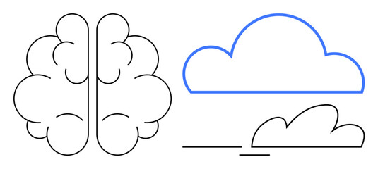 Brain with split hemispheres and stylized clouds suggest mental processes, innovation, and cloud computing. Ideal for AI, neuroscience, data storage, creativity, learning, technology connection