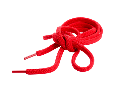 red shoe laces with a knot against white background