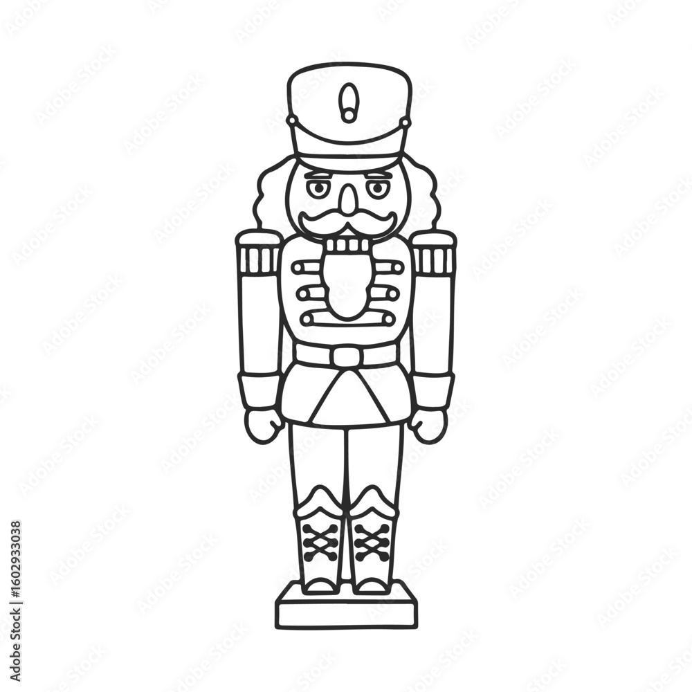 Poster outline drawing of a nutcracker soldier with hat and mustache standing upright – stock vector icon i