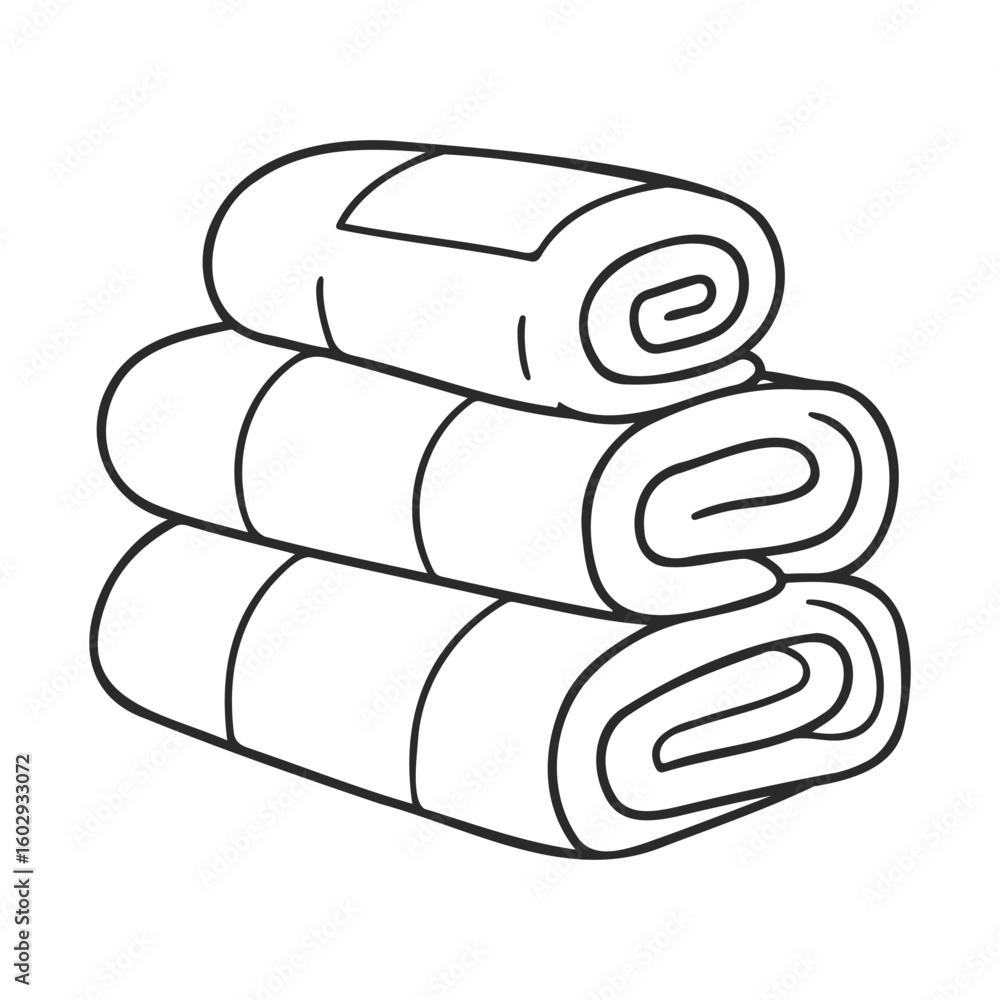 Poster stack of three rolled towels in simple black and white line art style – stock vector icon in line st