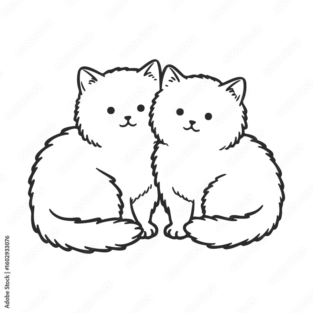 Poster outline of two fluffy kittens sitting together with happy expressions – stock vector icon in line st