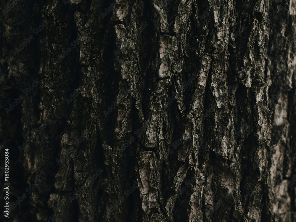 Poster a close up view of the rough texture of a tree trunk with deep crevices and a dark brown color tone