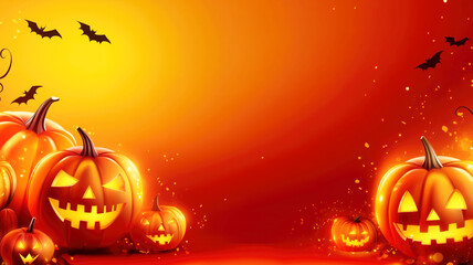 Glowing jack-o'-lanterns and bats on a bright orange background