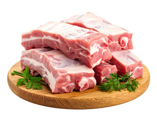 Fototapeta premium raw meat : boned fresh ribs served with dill and green chives on wooden board isolated over white background