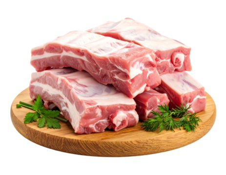 raw meat : boned fresh ribs served with dill and green chives on wooden board isolated over white background
