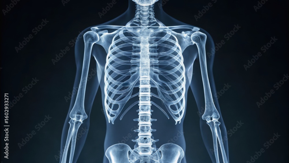 Poster a translucent anatomical representation of the human skeletal system showcasing bones and structure 