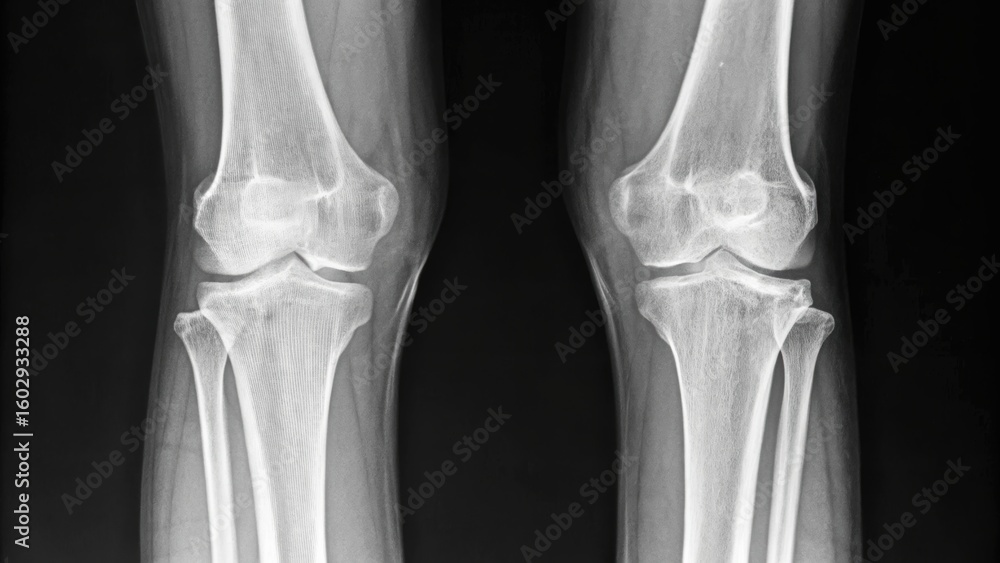 Poster x-ray image of human knees showing bone structure and joint alignment clearly.