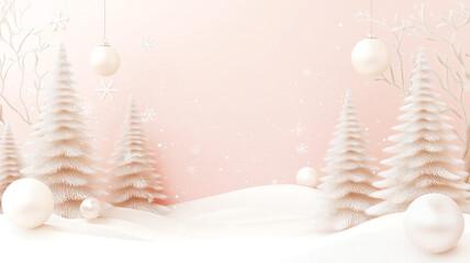 Elegant winter wonderland scene with snowy trees and ornaments on soft pink background