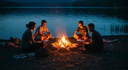 A group of friends sitting around a blazing campfire, enjoying the night outdoors.