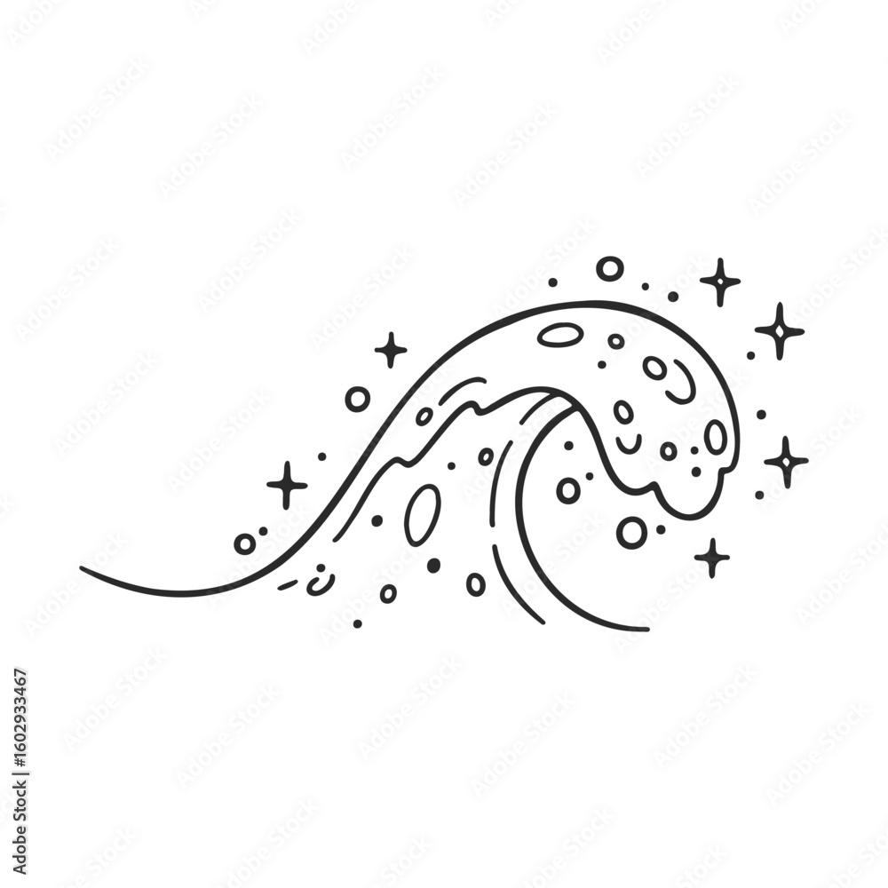 Poster abstract ocean wave with stars and bubbles in black and white line art – stock vector icon in line s