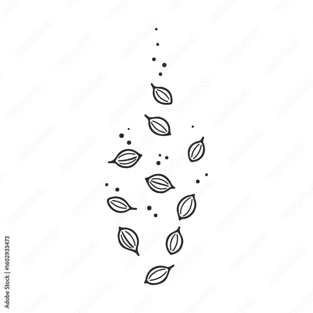 Poster minimalist seed pod pattern with stylized leaf motif and dots in black and white design – stock vect
