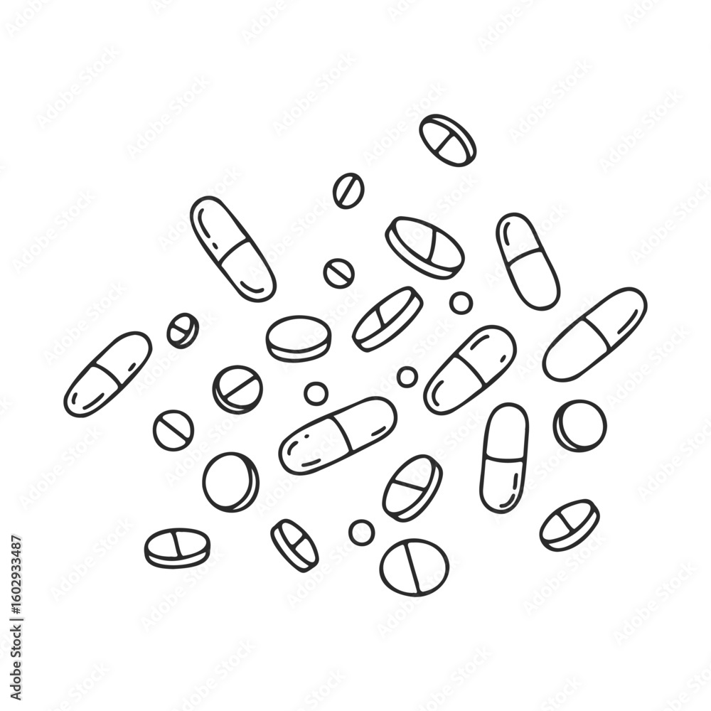 Poster assorted outline of various pills and capsules on white background – stock vector icon in line style