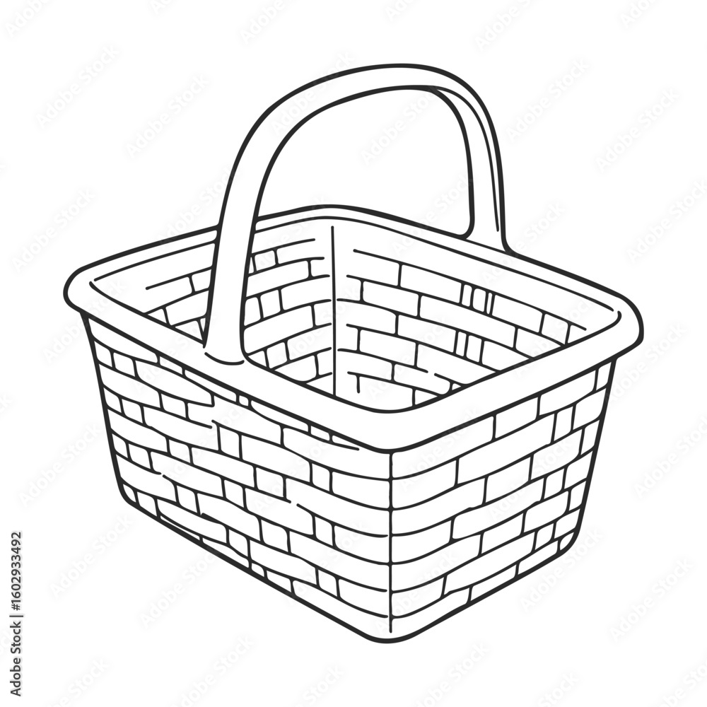 Poster outline of woven picnic basket with handle on white background – stock vector icon in line style